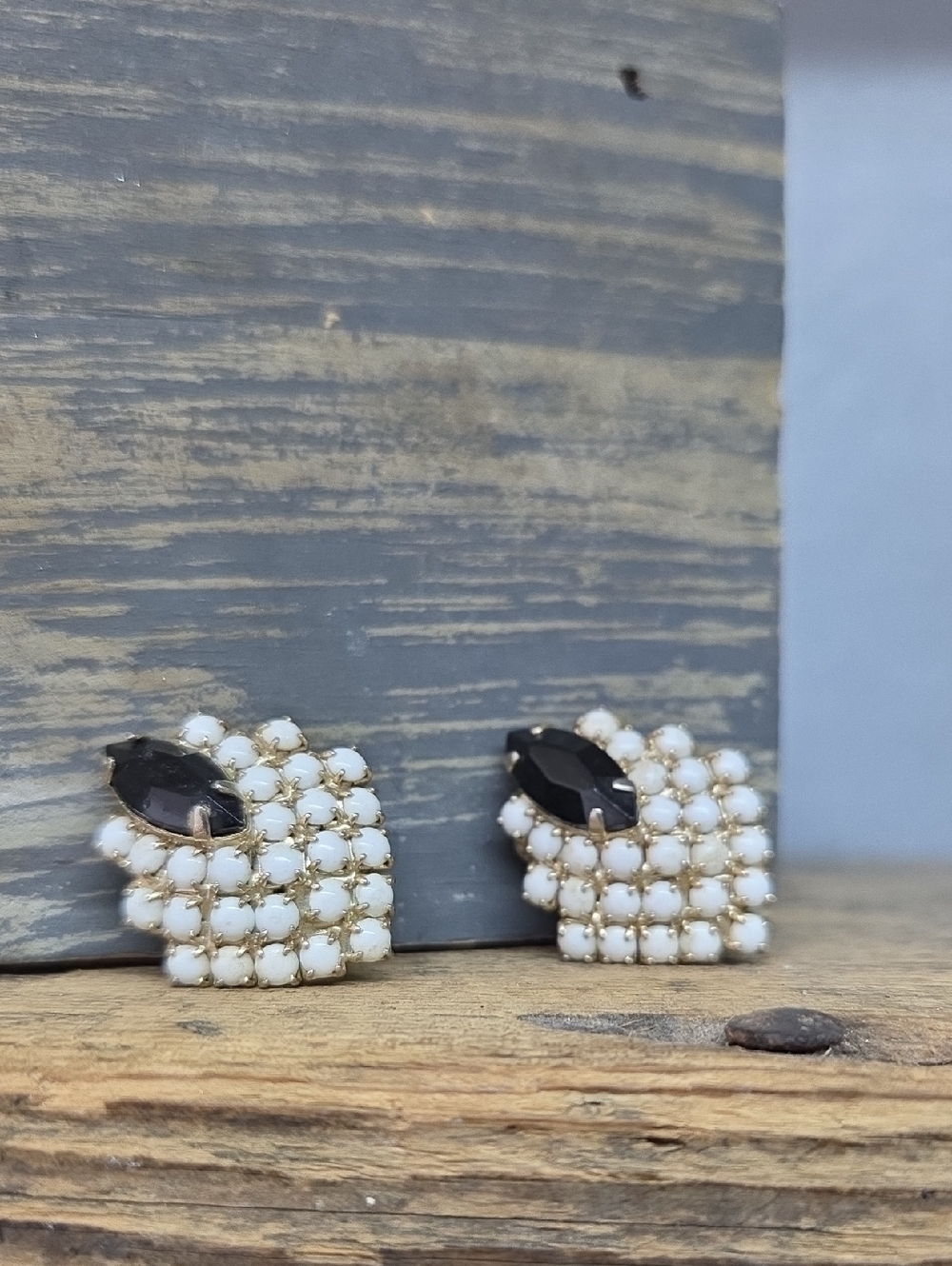 Vintage 1960's Black And White Glass Beaded Clip On Earrings